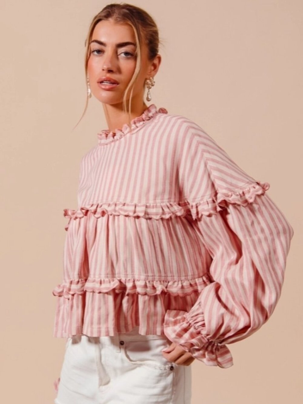 So Me Pink & White Ruffle-Trim Striped Button Front Top